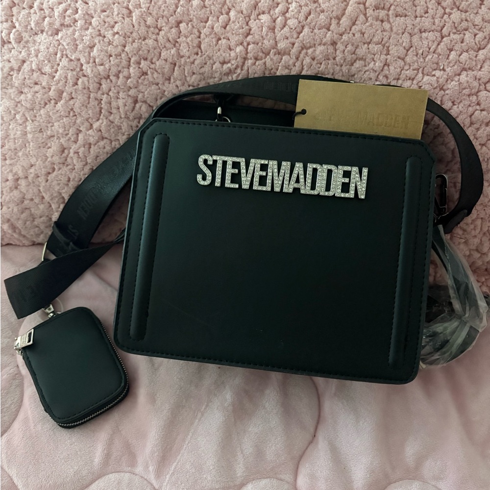 Steve Madden Black Logo Shoulder Bag with Coin Pouch